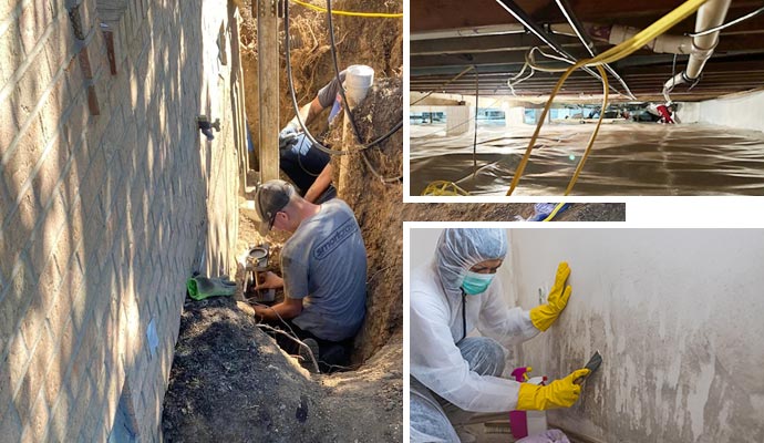 collage of foundation repair, crawl space repair, and mold remediation