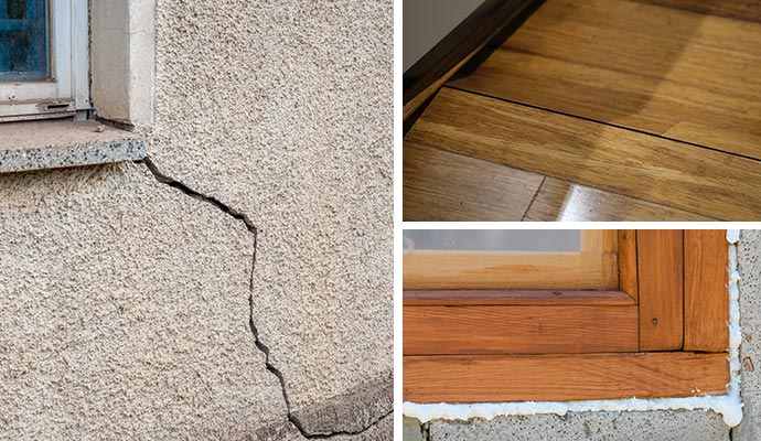 collage of wall cracks, uneven floor and window gap