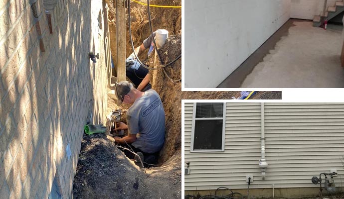 Collage of foundation repair, basement water damage and radon mitigation