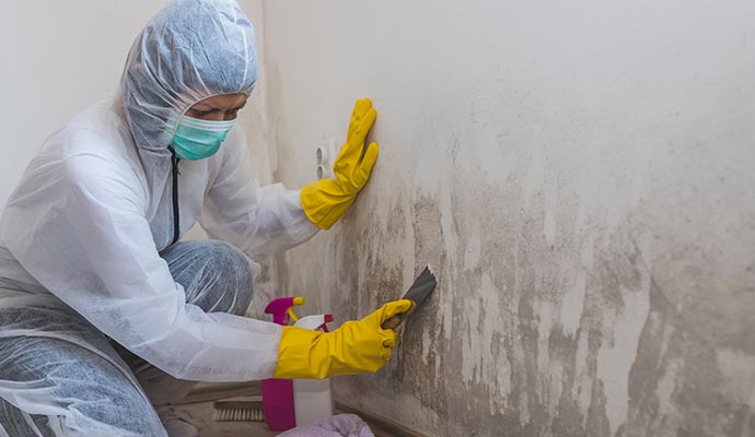 Professional worker removing mold from the wall