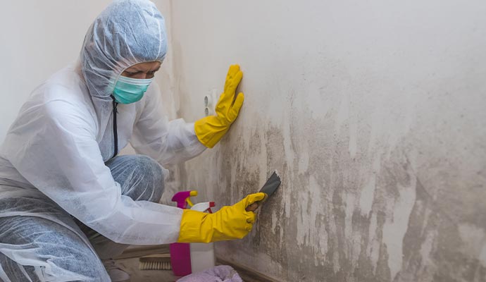 professional worker cleaning mold from the wall
