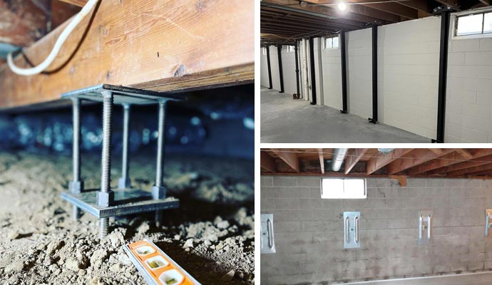 Collage of push piers, carbon fiber straps and wall anchor